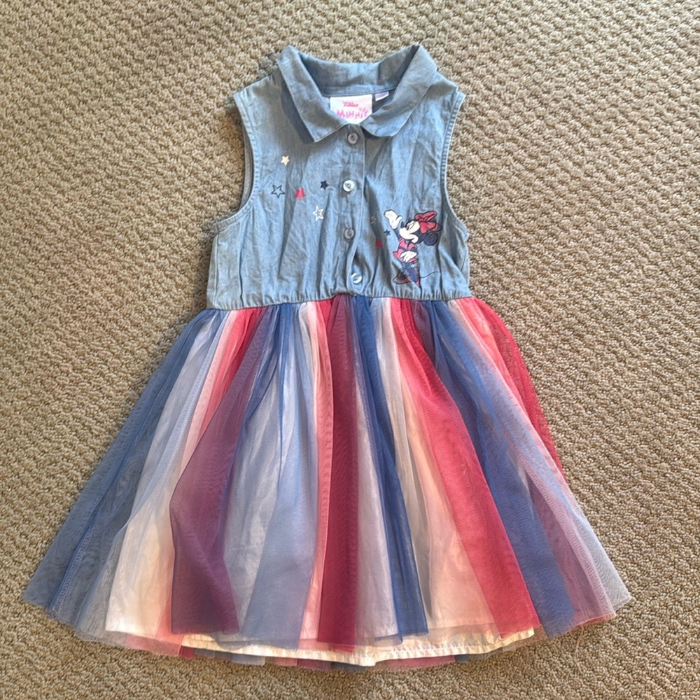 Girls size 4T Minnie Mouse soft American jean dress with red white & blue tulle